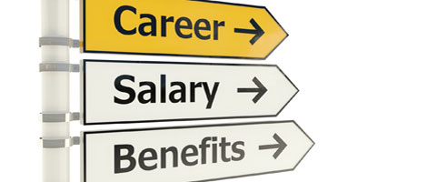 Signs pointing in the direction of career, salary, and benefits.