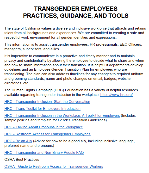 Image of "Transgender Employees Practices, Guidance, and Tools" Guide