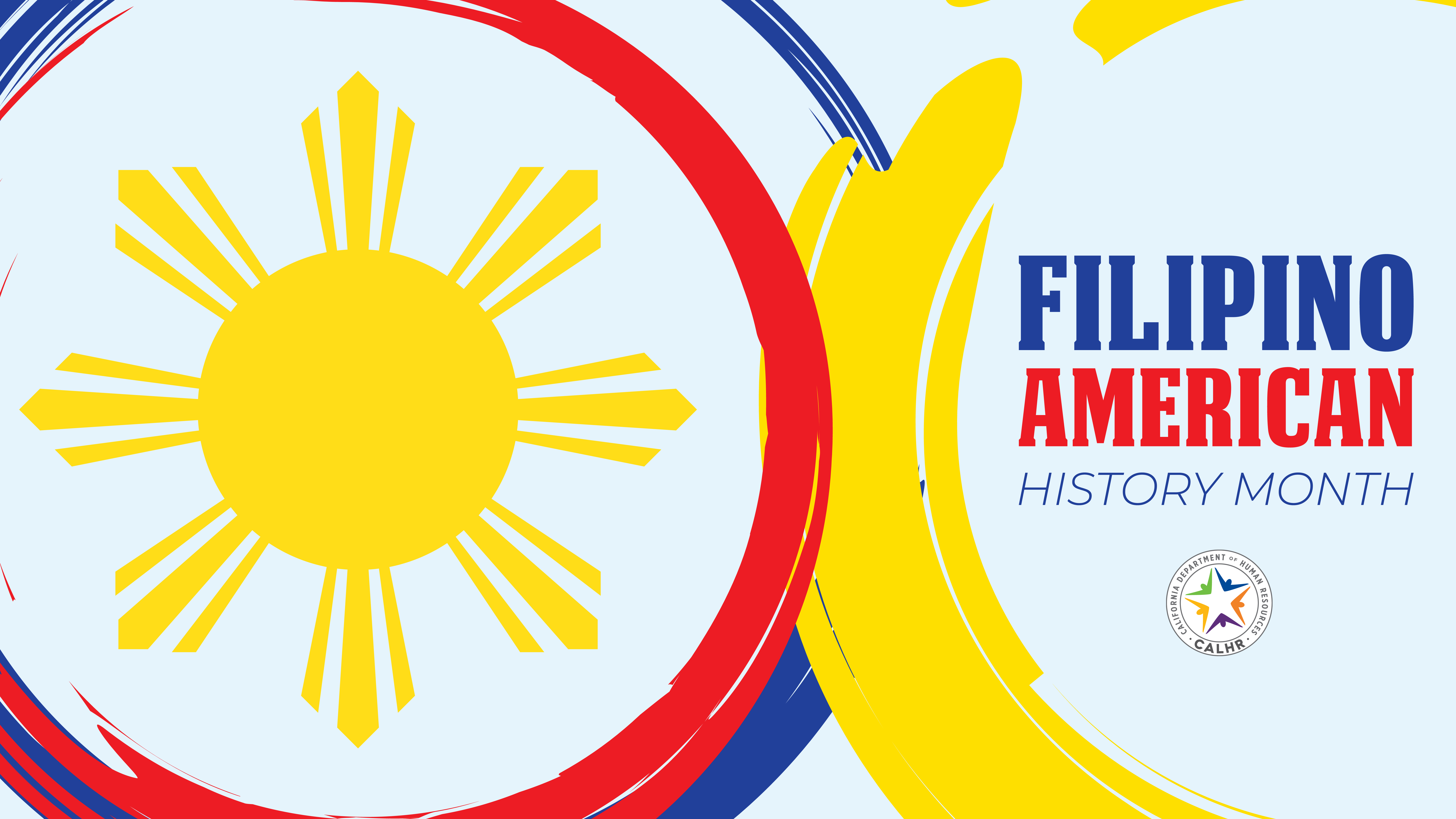 white background with red, yellow, and blue circles. Sun on the left Filipino American History Month