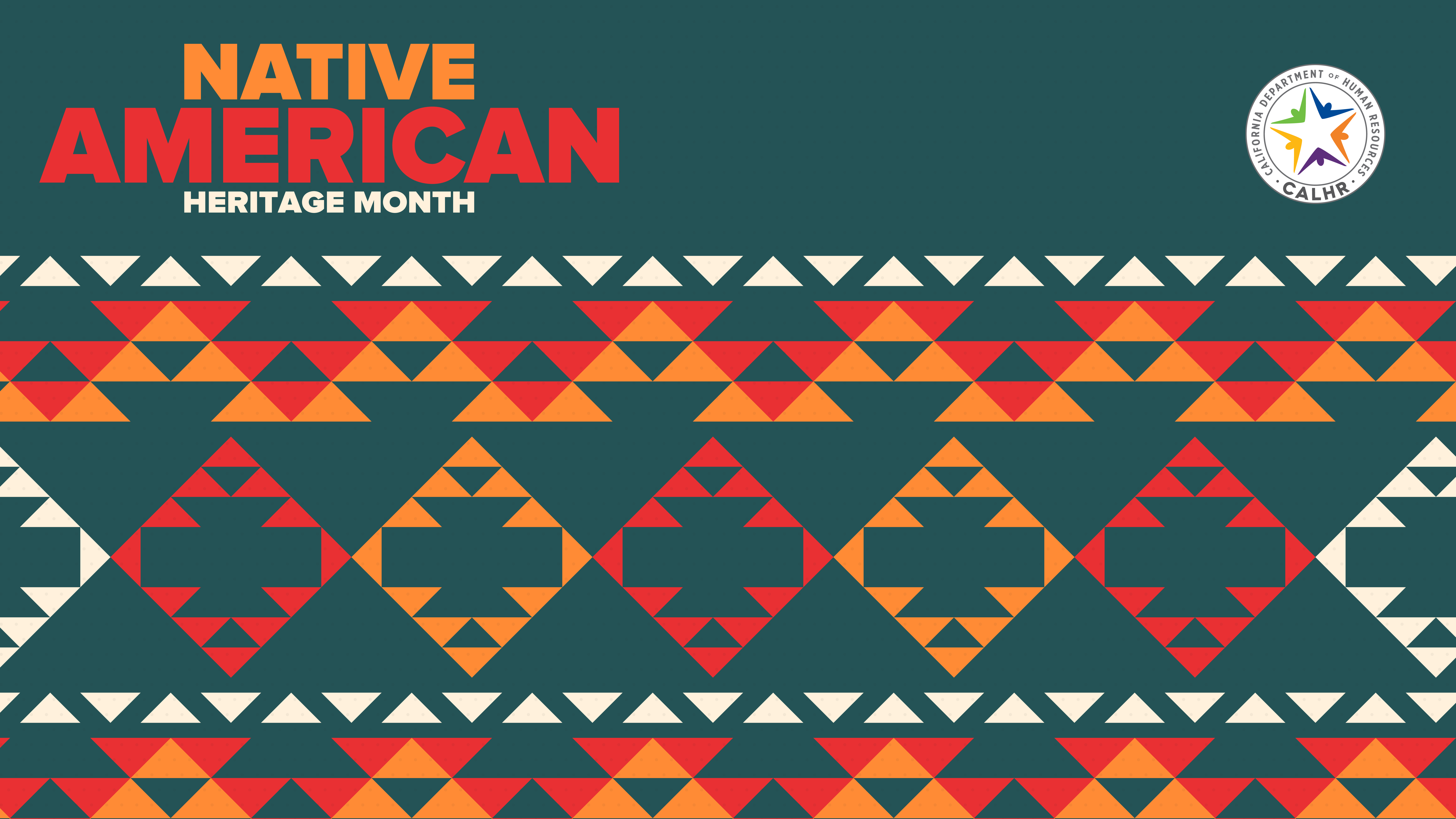 immage - teal background with white, orange, and red diamond shapes Native American Heritage Month virtual background