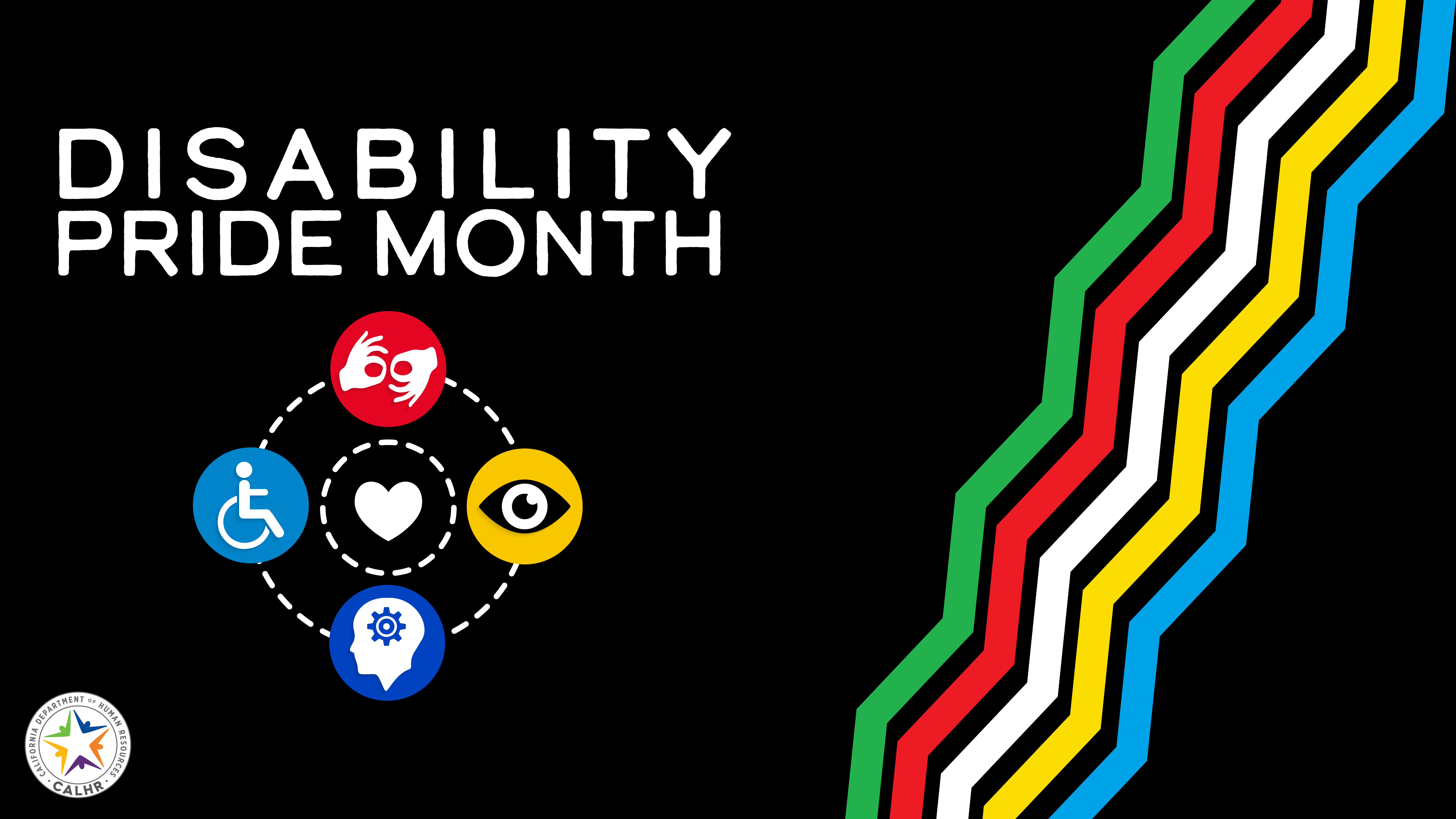 black background with red, yellow, white, and blue disability symbols. 5 bands of color on right. Disability Pride Month