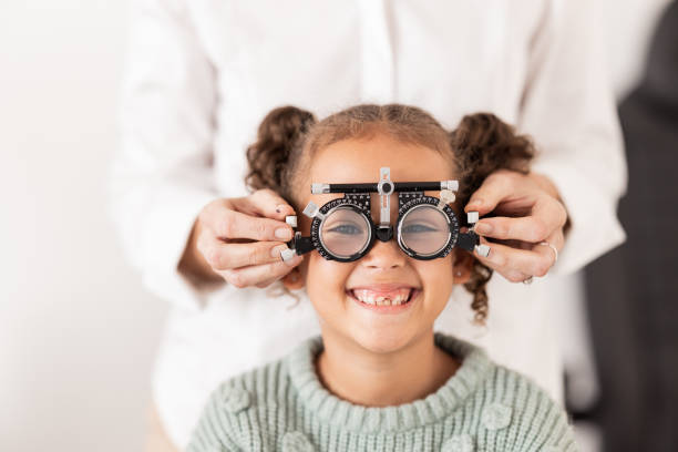 Vision, optometrist and portrait of child with glasses to test, check and examine eyesight.