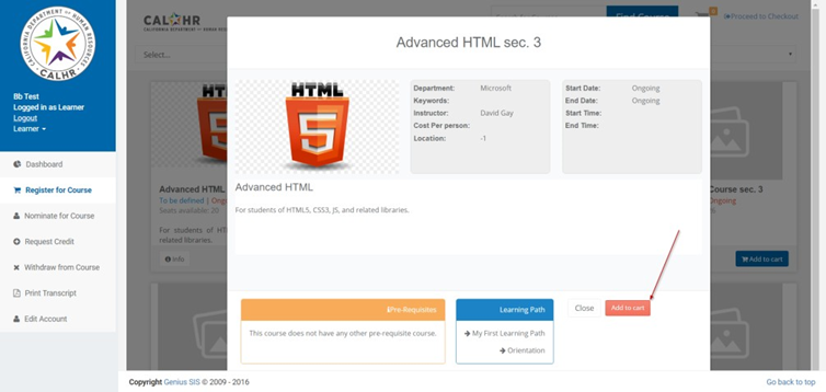 CalLearns detailed course view for “Advanced HTML sec. 3” with a red arrow pointing to the “Add to cart” button.