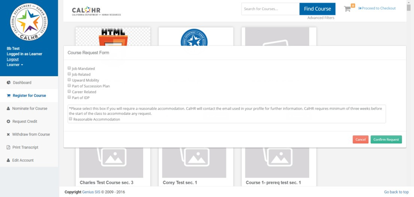 CalLearns Course Request form with checkboxes for job-related reasons and reasonable accommodation, and buttons to cancel or confirm the request.