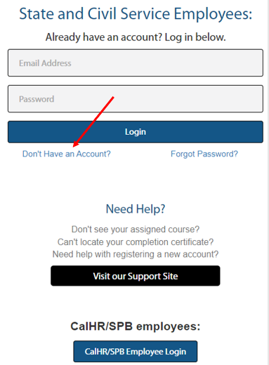 Screenshot of the CalLearns login page with an arrow pointing to the “Don’t Have an Account?” link below the Login button.