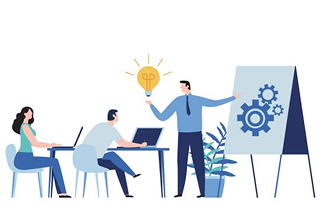 Illustration of three people collaborating in a training setting, with one person presenting gears on a flipchart and another holding a light bulb to represent ideas and innovation.