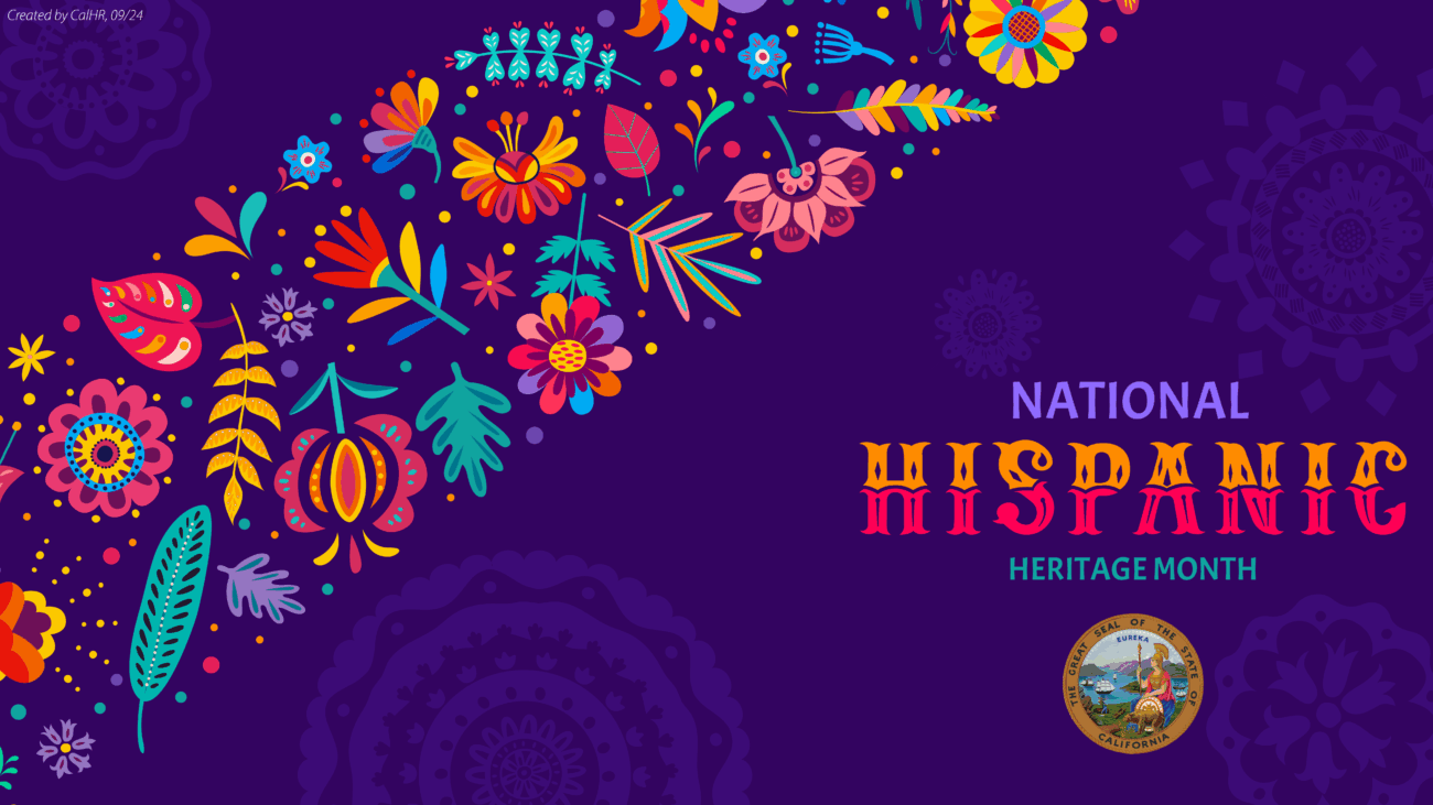 Purple background with an arc of flowers of various colors. Light purple, orange and pink text that reads National Hispanic Heritage month, state seal