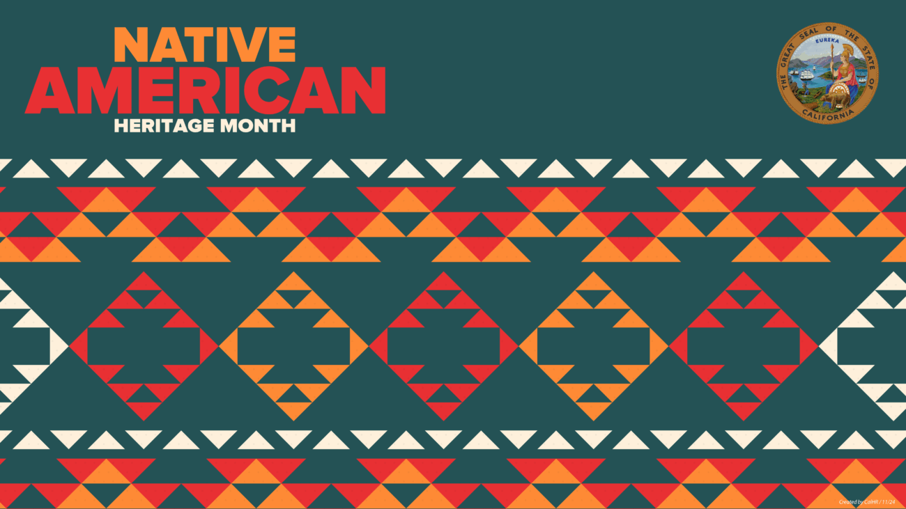 Virtual background with tribal prints and the California state seal with a green background