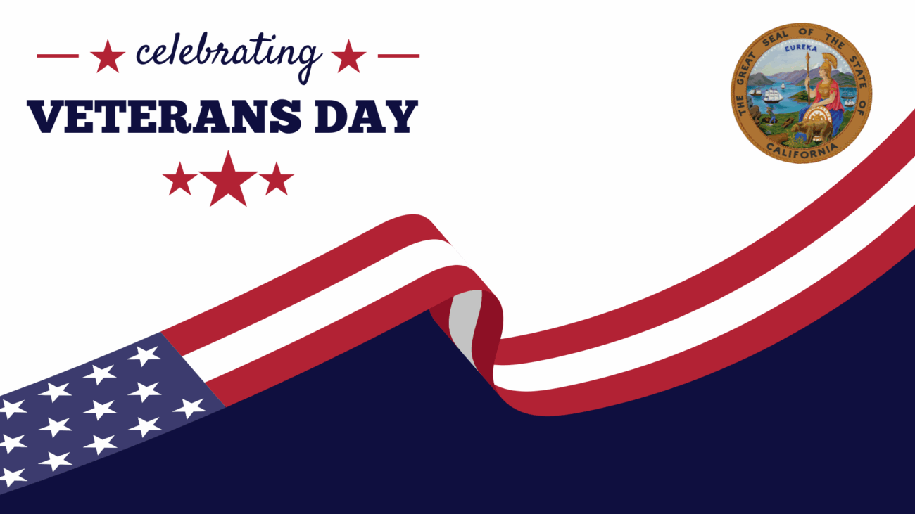 Virtual background with California State Seal, white background with American flag