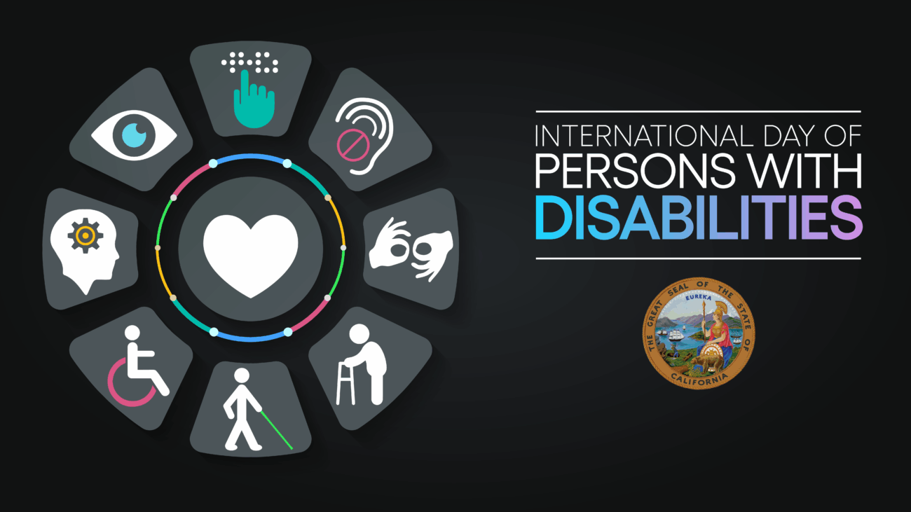 Virtual background with black base and icons representing a variety of abilities and disabilities in a wheel. Text reads 