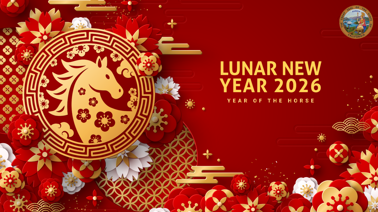 A vibrant red virtual background with gold accents on various flowers important for symbolizing renewal. There is a golden horse at the center of flowers and gold text beside it reads 