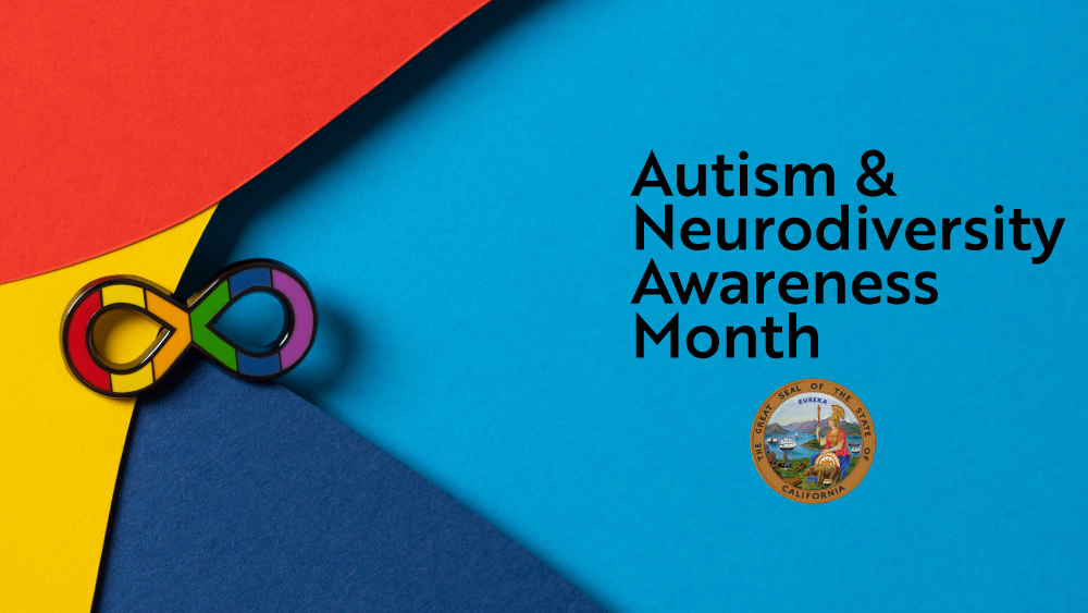 A blue background with overlapping red, yellow, and darker blue designs. There is an infinity symbol with a rainbow design inside the outline. The text beside it reads, 