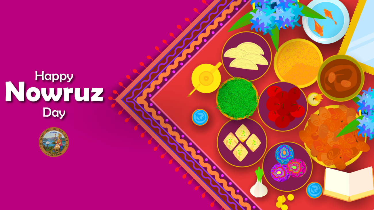 A vibrant pink virtual background with a decorative carpet laid out. On top of the carpet are foods and traditions important for the holiday of Nowruz. On the left-hand side of the image, there is text that reads, 