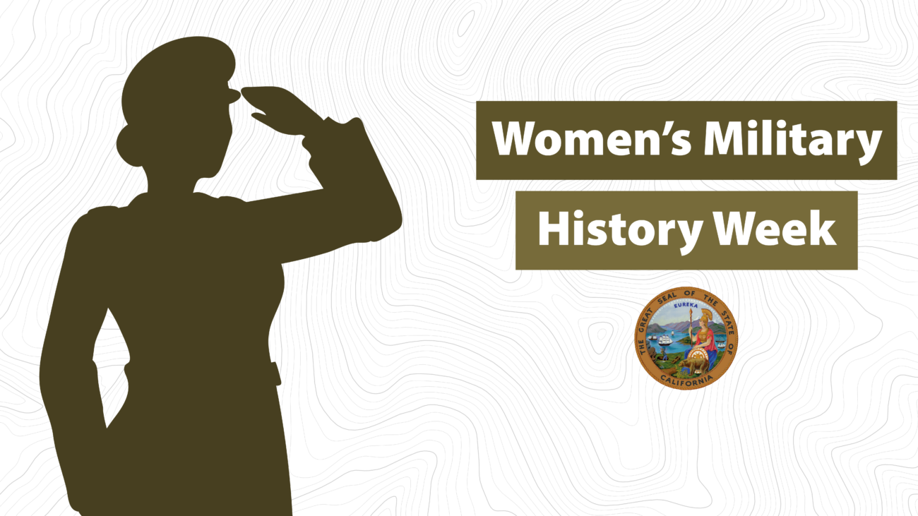 A white virtual background with a faint topographical map. Overlayed above the map is a silhouette of a woman saluting. The text beside her reads, 