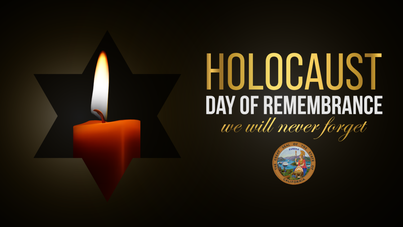 A black virtual background with a candle in a symbol of the star of David. Text in gold and white text reads, 
