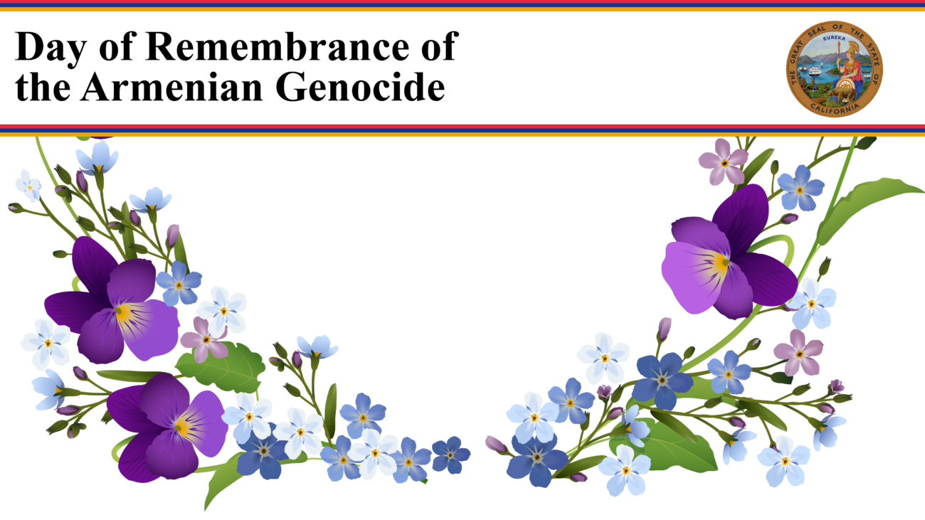 A white virtual background with an arch of purple and blue irises and forget-me-not flowers in a U-shape. At the top, there is text that reads, 