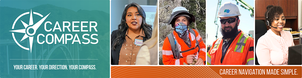 A white Career Compass logo followed by photos of three professionals: a woman in business attire, a construction worker wearing a hard hat and safety vest, and an office worker wearing a headset. Text under the images says, "Career Navigation Made Simple." Text under the logo says, "Your Career. Your Direction. Your Compass."